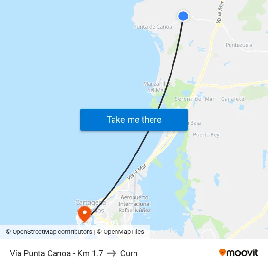 Vía Punta Canoa - Km 1.7 to Curn map