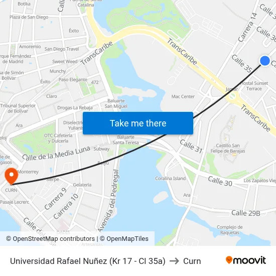 Universidad Rafael Nuñez (Kr 17 - Cl 35a) to Curn map