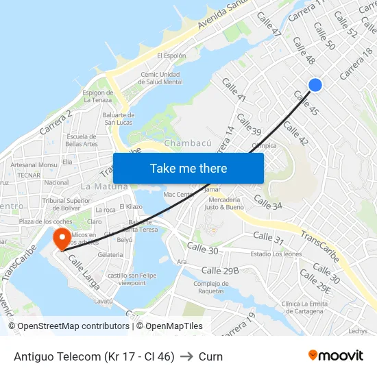 Antiguo Telecom (Kr 17 - Cl 46) to Curn map
