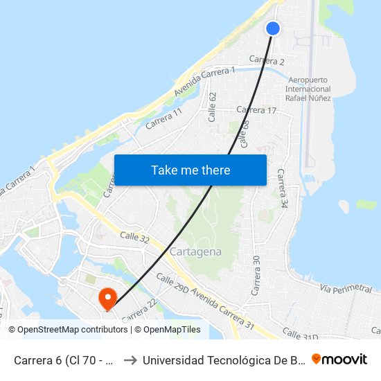 Carrera 6 (Cl 70 - Kr 6) to Universidad Tecnológica De Bolívar map