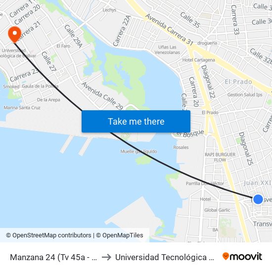 Manzana 24 (Tv 45a - Dg 24a) to Universidad Tecnológica De Bolívar map