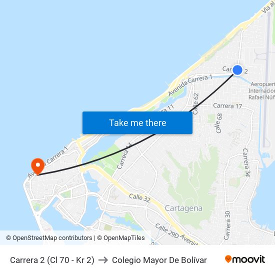 Carrera 2 (Cl 70 - Kr 2) to Colegio Mayor De Bolívar map