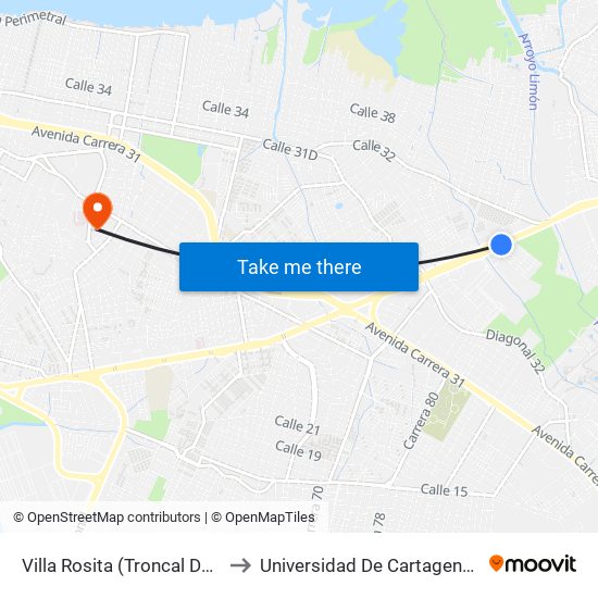 Villa Rosita (Troncal Del Caribe - Dg 36c) to Universidad De Cartagena - Sede Zaragocilla map