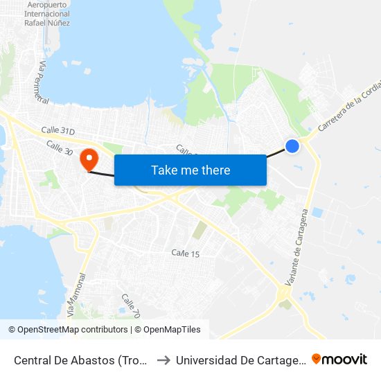 Central De Abastos (Troncal Del Caribe - Kr 89) to Universidad De Cartagena - Sede Zaragocilla map