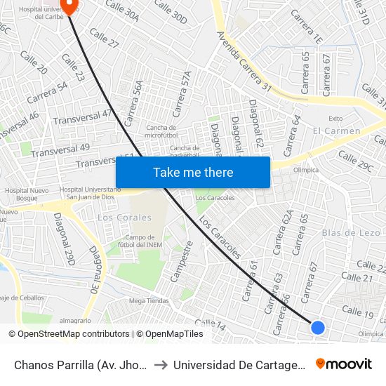 Chanos Parrilla (Av. Jhon F. Kennedy - Cl 17) to Universidad De Cartagena - Sede Zaragocilla map