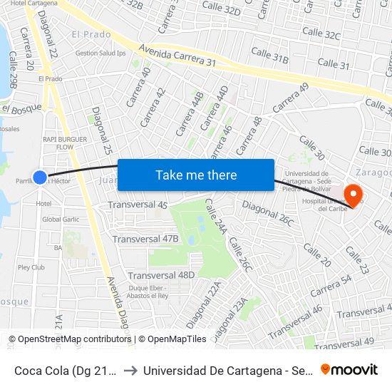 Coca Cola (Dg 21 - Tv 44b) to Universidad De Cartagena - Sede Zaragocilla map