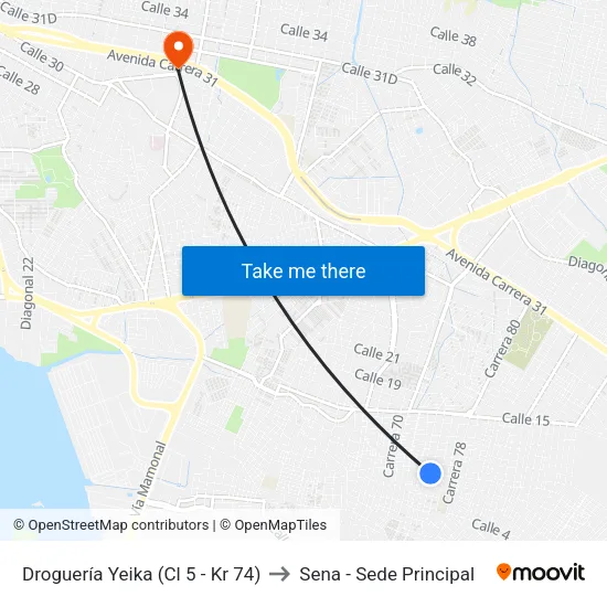 Droguería Yeika (Cl 5 - Kr 74) to Sena - Sede Principal map
