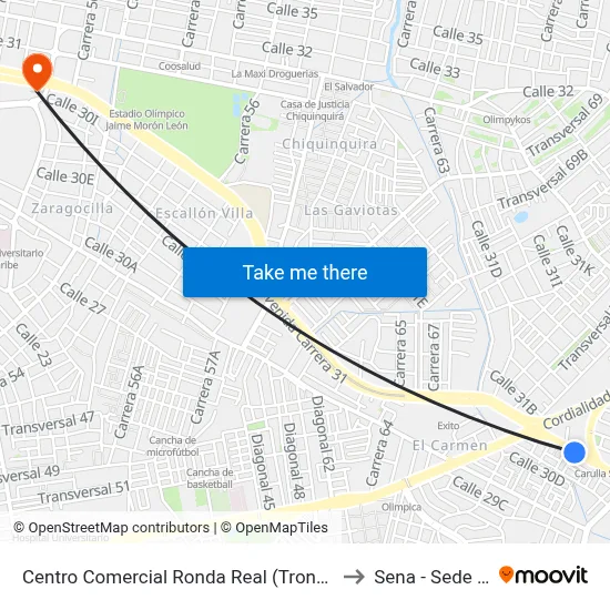 Centro Comercial Ronda Real (Troncal Del Caribe - Kr 69) to Sena - Sede Principal map