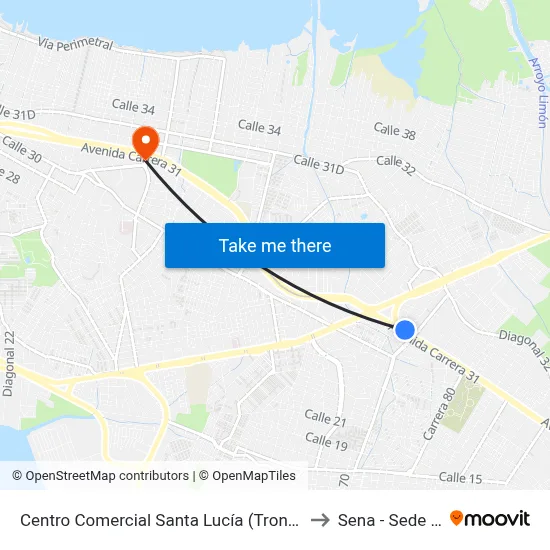 Centro Comercial Santa Lucía (Troncal Del Caribe - Kr 70) to Sena - Sede Principal map