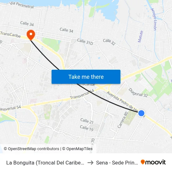 La Bonguita (Troncal Del Caribe - Kr 80) to Sena - Sede Principal map