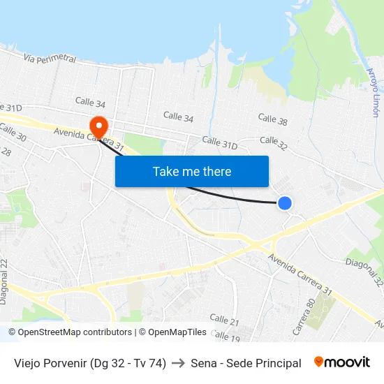 Viejo Porvenir (Dg 32 - Tv 74) to Sena - Sede Principal map