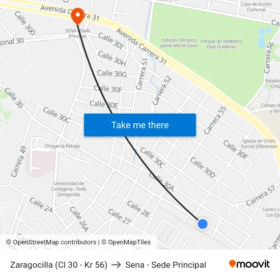 Zaragocilla (Cl 30 - Kr 56) to Sena - Sede Principal map