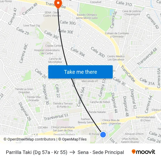 Parrilla Taki (Dg 57a - Kr 55) to Sena - Sede Principal map