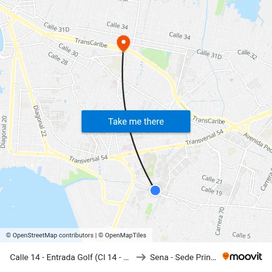 Calle 14 - Entrada Golf (Cl 14 - Kr 57c) to Sena - Sede Principal map