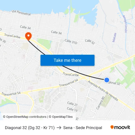 Diagonal 32 (Dg 32 - Kr 71) to Sena - Sede Principal map
