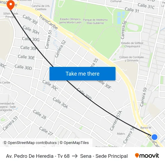 Av. Pedro De Heredia - Tv 68 to Sena - Sede Principal map