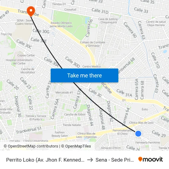 Perrito Loko (Av. Jhon F. Kennedy - Kr 65) to Sena - Sede Principal map