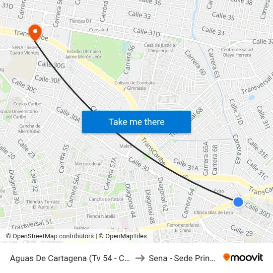 Aguas De Cartagena (Tv 54 - Cl 30a) to Sena - Sede Principal map