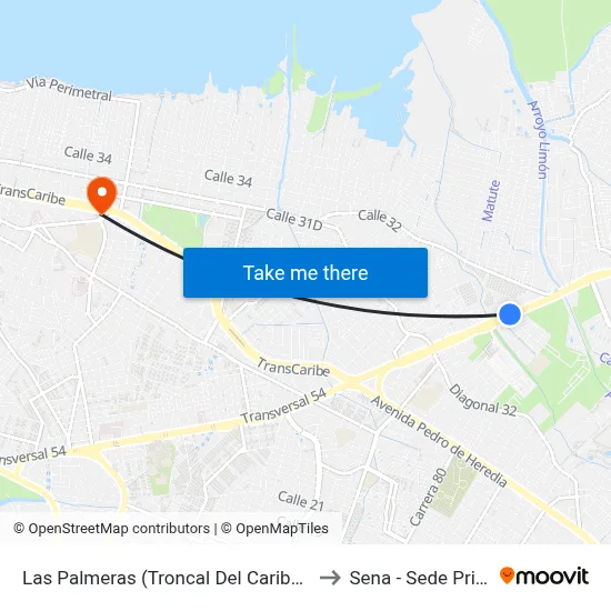 Las Palmeras (Troncal Del Caribe - Dg 36h) to Sena - Sede Principal map