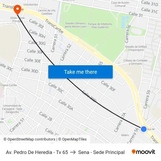 Av. Pedro De Heredia - Tv 65 to Sena - Sede Principal map