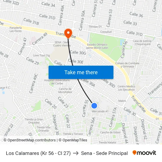 Los Calamares (Kr 56 - Cl 27) to Sena - Sede Principal map