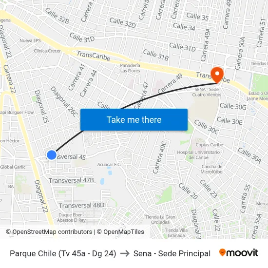 Parque Chile (Tv 45a - Dg 24) to Sena - Sede Principal map