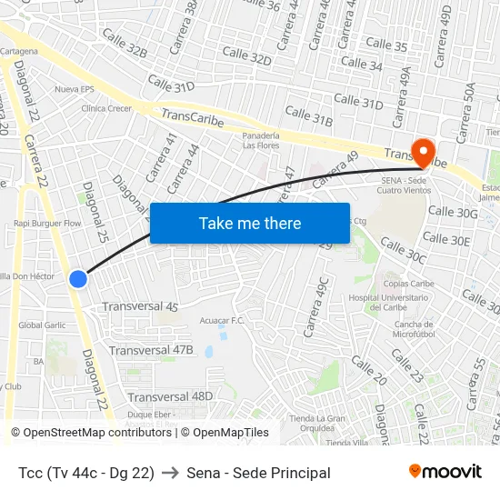Tcc (Tv 44c - Dg 22) to Sena - Sede Principal map
