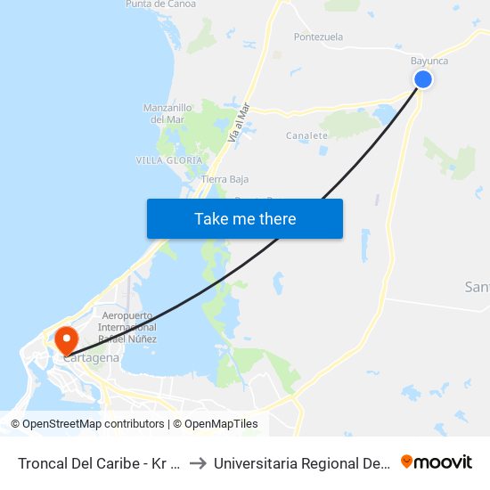 Troncal Del Caribe - Kr 4 (Bayunca) to Universitaria Regional Del Caribe Lafic map