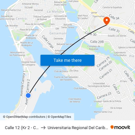 Calle 12 (Kr 2 - Cl 12) to Universitaria Regional Del Caribe Lafic map