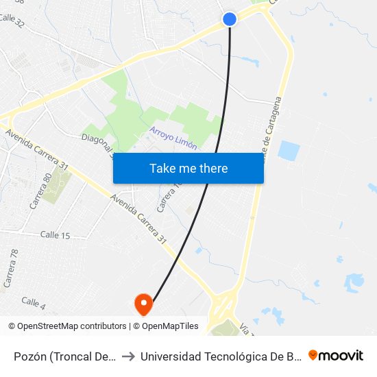 Pozón (Troncal Del Caribe - Kr 88) to Universidad Tecnológica De Bolívar - Campus Ternera map