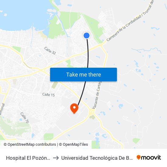 Hospital El Pozón (Kr 88 - Tv 70) to Universidad Tecnológica De Bolívar - Campus Ternera map