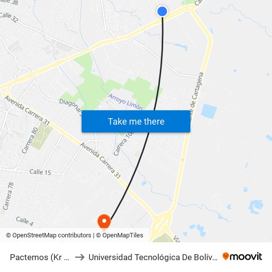 Pactemos (Kr 88 - Tv 55) to Universidad Tecnológica De Bolívar - Campus Ternera map