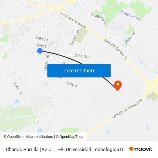 Chanos Parrilla (Av. Jhon F. Kennedy - Cl 17) to Universidad Tecnológica De Bolívar - Campus Ternera map