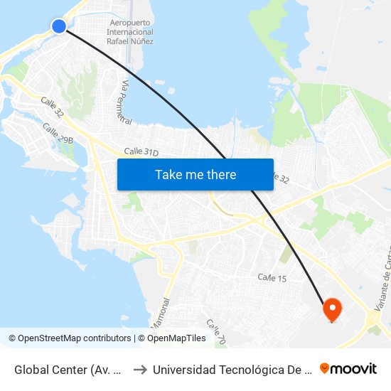 Global Center (Av. Santander - Cl 54a) to Universidad Tecnológica De Bolívar - Campus Ternera map