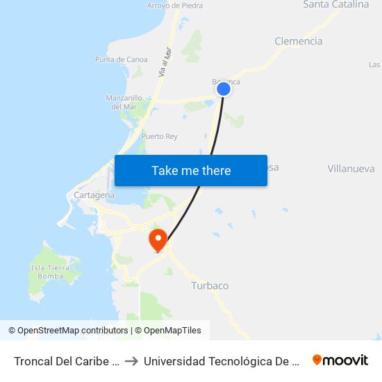 Troncal Del Caribe - Kr 4 (Bayunca) to Universidad Tecnológica De Bolívar - Campus Ternera map