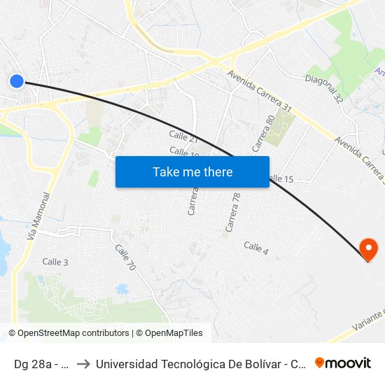 Dg 28a - Tv 48 to Universidad Tecnológica De Bolívar - Campus Ternera map