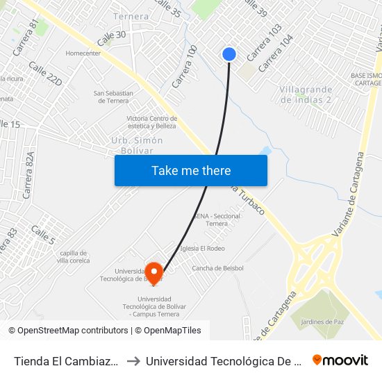 Tienda El Cambiazo (Kr 102 - Cl 36) to Universidad Tecnológica De Bolívar - Campus Ternera map
