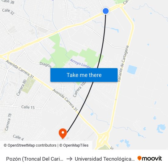Pozón (Troncal Del Caribe - Kr 88) to Universidad Tecnológica De Bolívar map