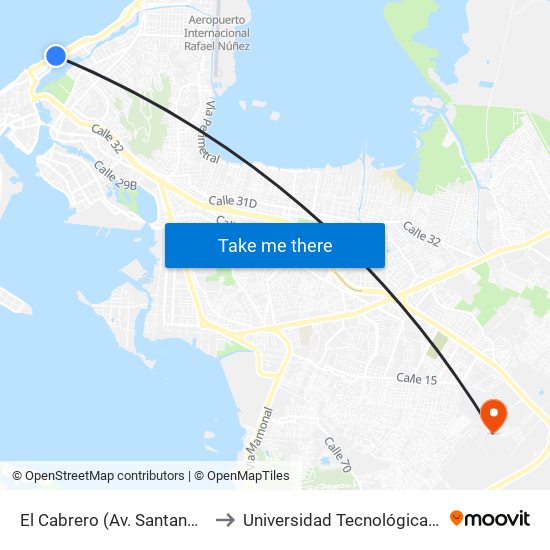 El Cabrero (Av. Santander - Cl 44) to Universidad Tecnológica De Bolívar map