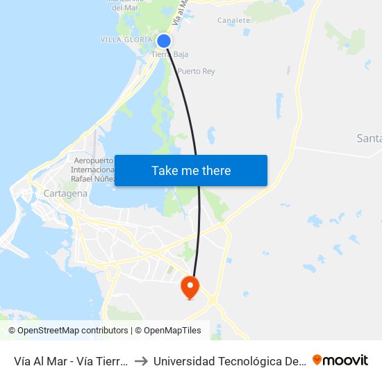 Vía Al Mar - Vía Tierra Baja to Universidad Tecnológica De Bolívar map