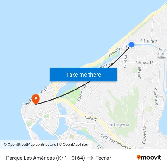 Parque Las Américas (Kr 1 - Cl 64) to Tecnar map