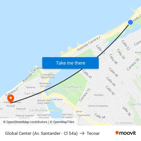 Global Center (Av. Santander - Cl 54a) to Tecnar map