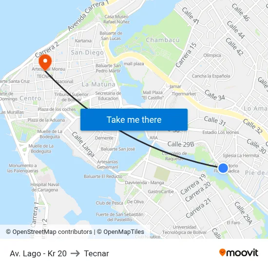 Av. Lago - Kr 20 to Tecnar map