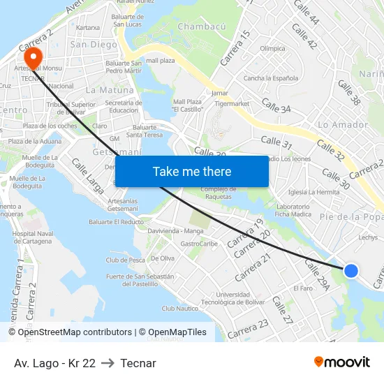 Av. Lago - Kr 22 to Tecnar map