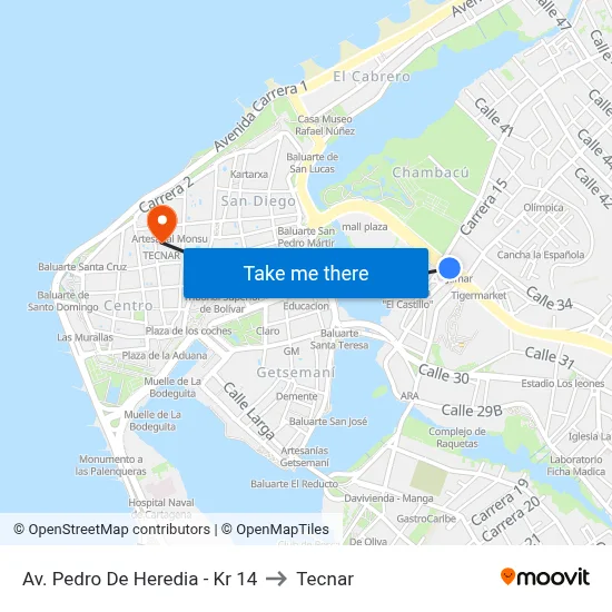 Av. Pedro De Heredia - Kr 14 to Tecnar map