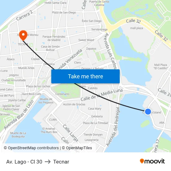 Av. Lago - Cl 30 to Tecnar map
