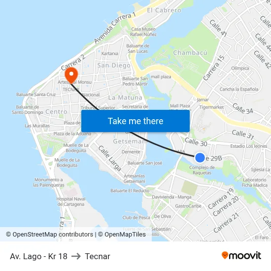 Av. Lago - Kr 18 to Tecnar map