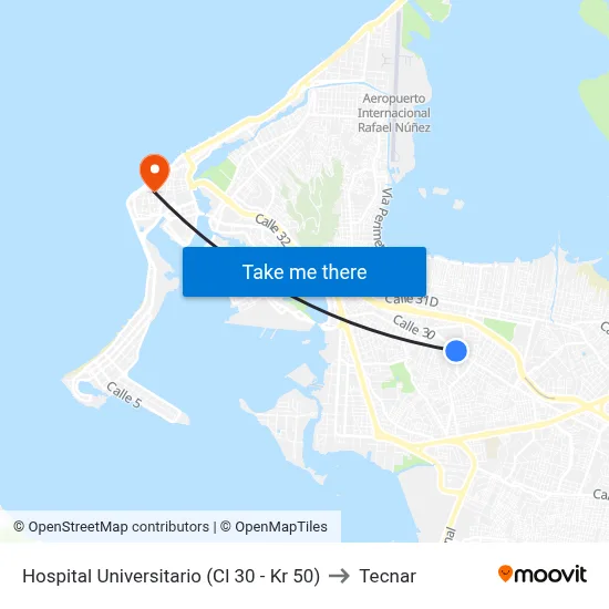 Hospital Universitario (Cl 30 - Kr 50) to Tecnar map
