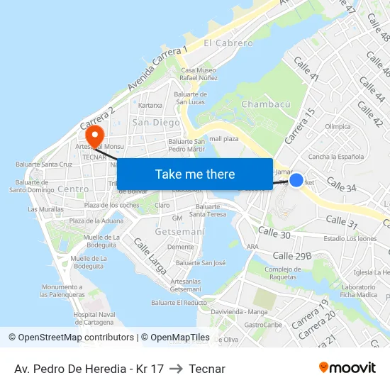 Av. Pedro De Heredia - Kr 17 to Tecnar map