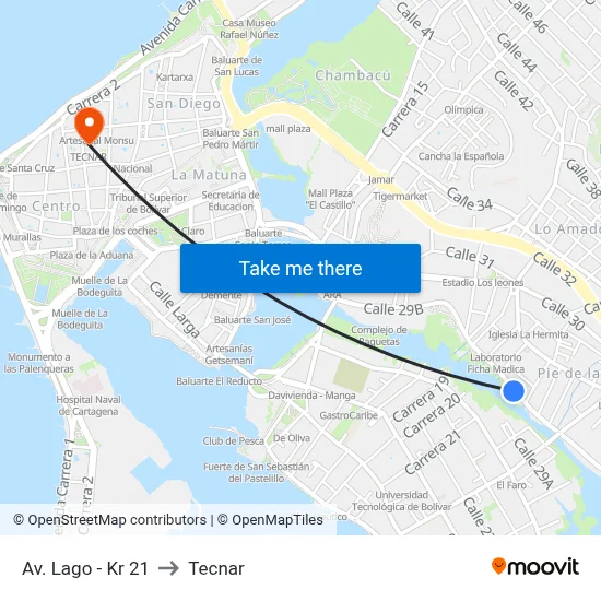 Av. Lago - Kr 21 to Tecnar map